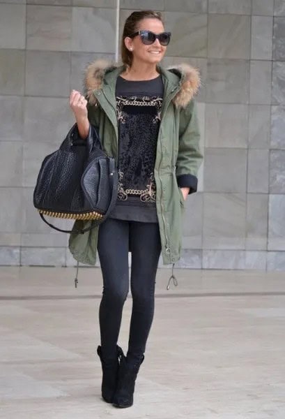 Parka Jacket with Grey Printed T Shirt Dress