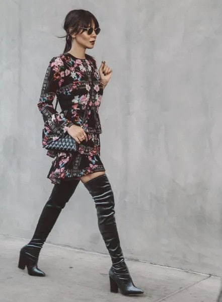 Black Floral Printed Long Sleeve Shift Dress with Velvet Boots