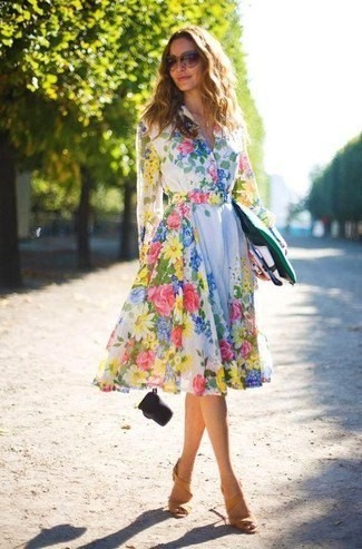 White Long Sleeve Midi Floral Skater Dress