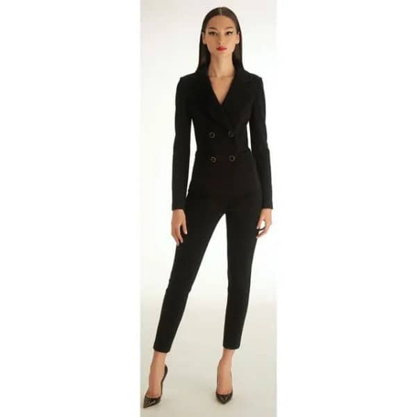 Black Double Breasted Fitted Jacket with Cropped Slim Fit Pants