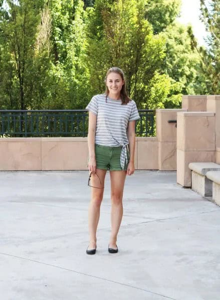 Grey and White Striped T Shirt with Green Mini Shorts