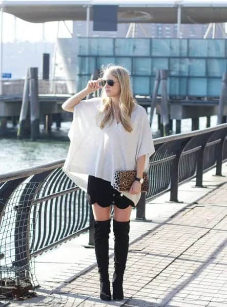 White Wrap Top with Black Mini Skirt