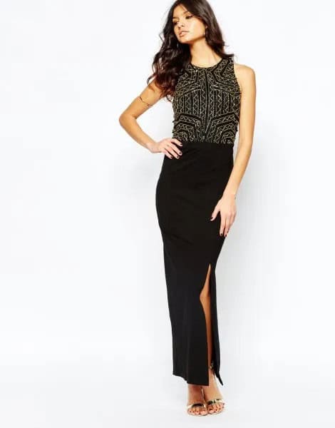 Black Two-Toned Embellished Bodycon Maxi Dress