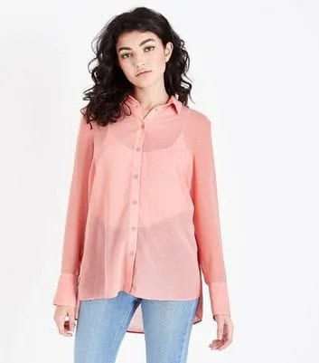 Peach Semi-Sheer Button Up Shirt with Light Blue Mom Jeans