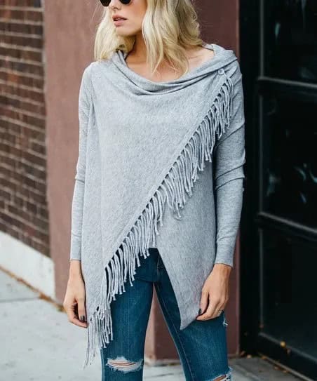 Grey Fringe Wrap with Ripped Blue Jeans