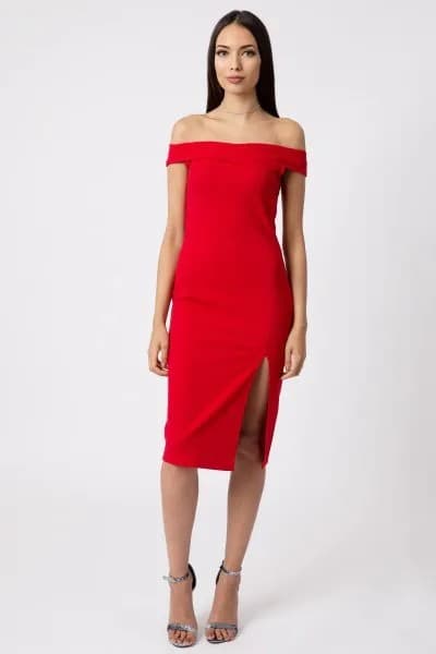 Red Off The Shoulder High Split Bodycon Dress