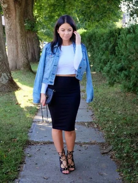 Denim Jacket Over Shoulders with White Crop Top & Pencil Skirt