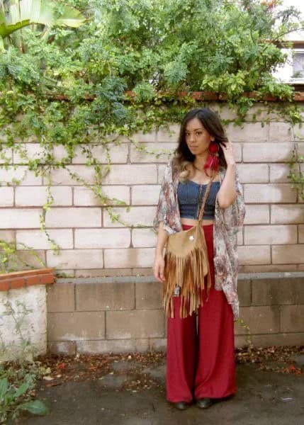 Blush Pink and White Floral Printed Long Blouse with Wide Leg Pants