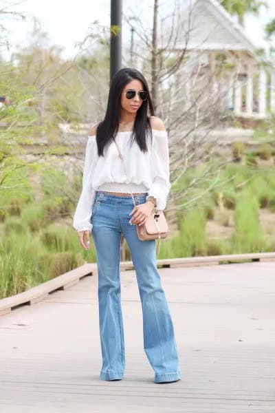 White Off The Shoulder Blouse with Sky Blue Jeans