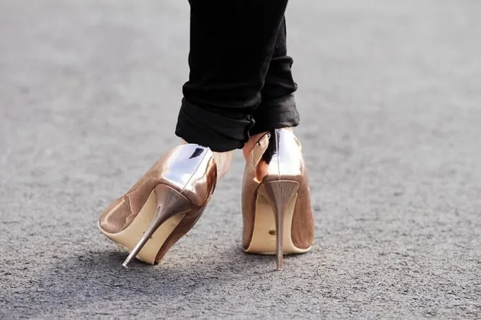 Black Cuffed Slim Fit Jeans & Metallic Gold Heels