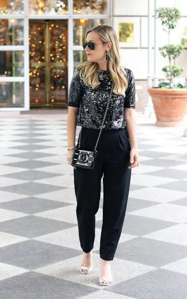 Black Sparkly Top with Matching Chinos & White Sandals