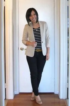 Black and White Striped Short Sleeve Tee with Light Grey Khaki Blazer