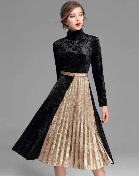 Black and Rose Gold Two-Colored Mock Neck Velvet Midi Dress