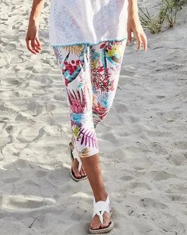 White Oversized T Shirt with Floral Printed Capri Leggings