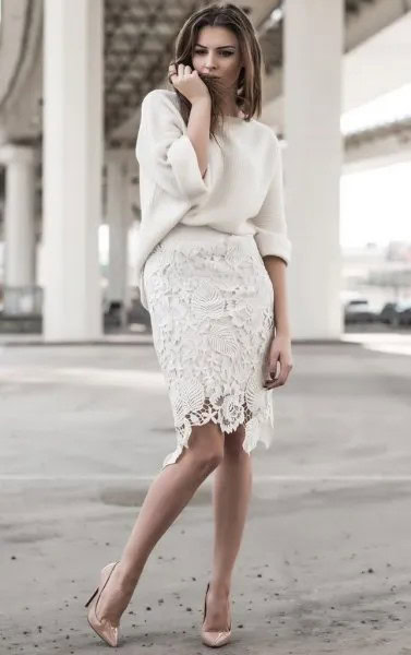 White Chunky Sweater with Lace Knee Length Skirt