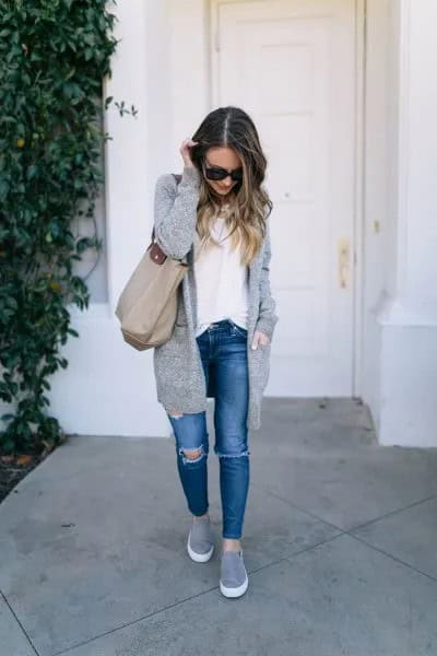 Longline Knit Sweater Cardigan with Blue Jeans & Grey Slip On Platform Sneakers