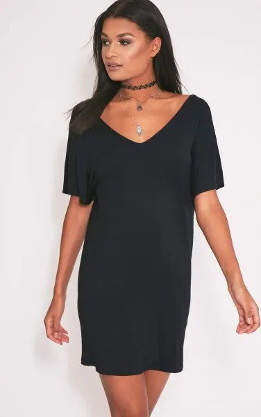 Black Wide V Neck T Shirt Dress with Choker Necklace