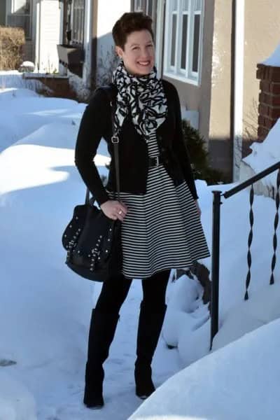 Black and Grey Striped Belted Tunic Dress with Knee High Boots