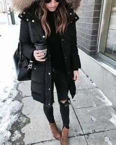 Black Faux Fur Hood Long Parka Jacket with Ripped Skinny Jeans