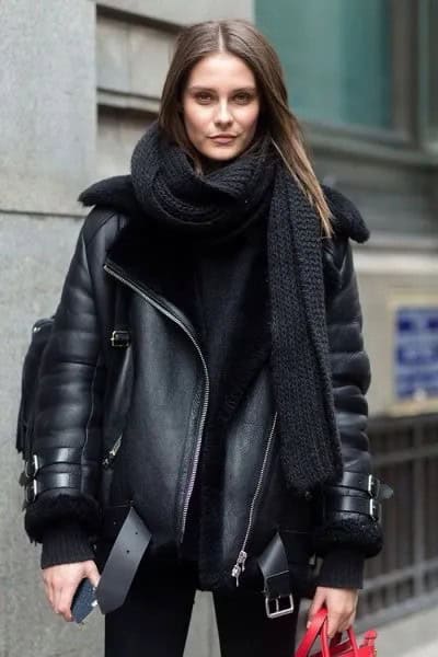 Black Leather Aviator Jacket with Long Knit Scarf