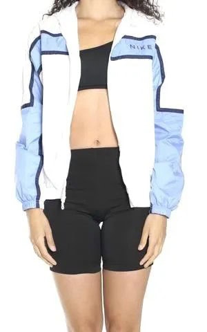 Sky Blue and White Color Block Windbreaker with Crop Top & Skinny Shorts