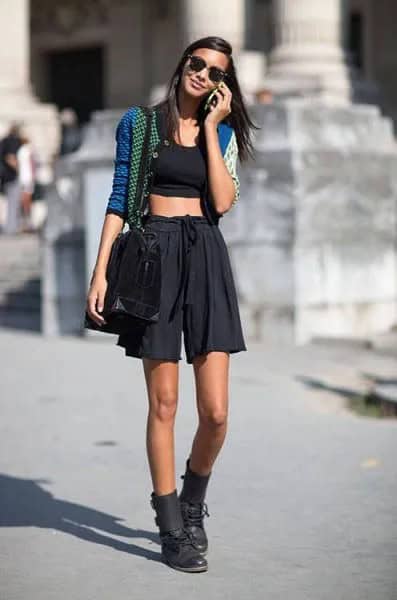 Cropped Blue Cardigan with Black Crop Top & Mini Skater Skirt