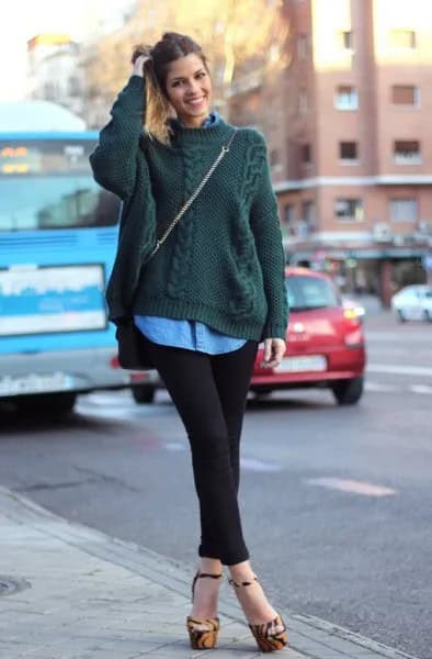 Dark Green Cable Knit Sweater with Blue Chambray Button Up Shirt