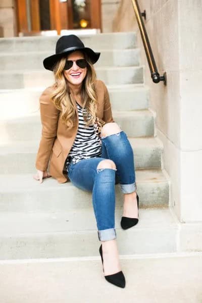 Camel Blazer with Striped Tee & Black Felt Hat