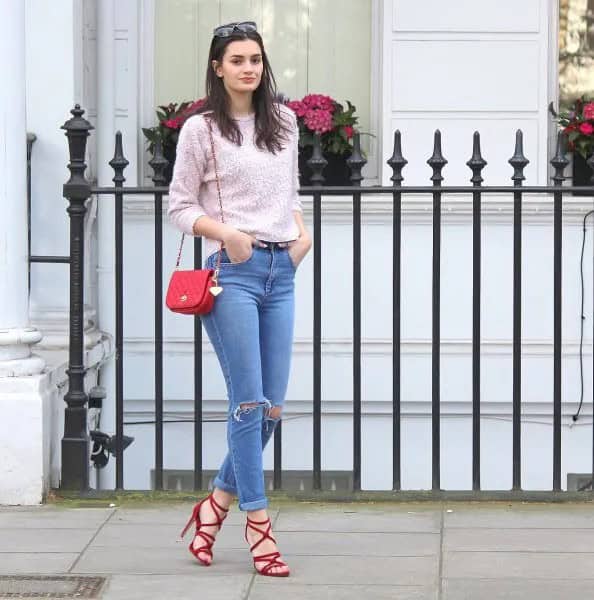 Red Strappy Heels with Grey Knit Sweater & Mom Jeans