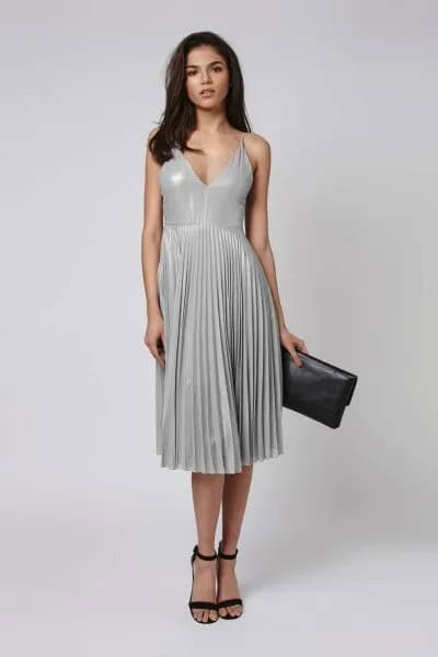 Grey Deep V Neck Midi Pleated Dress with Black Open Toe Heels