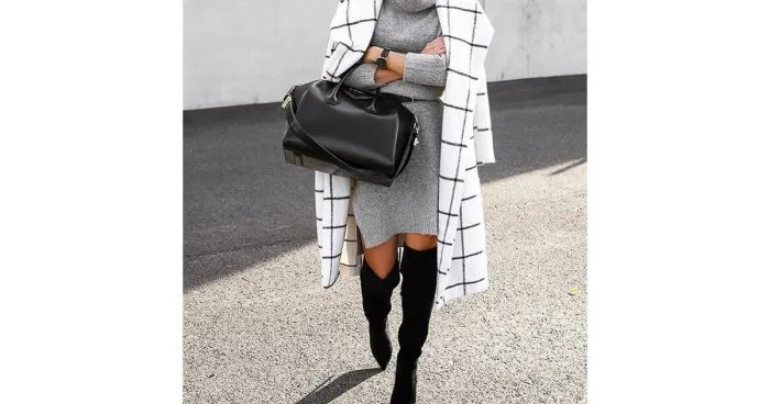 White Plaid Longline Wool Coat with Black Thigh High Sweater Boots