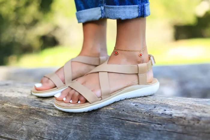 Blue Cuffed Slim Fit Jeans with Pale Pink Walking Sandals