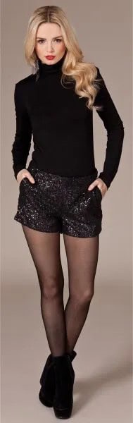 Black Sequin Shorts with Turtleneck Form Fitting Knit Sweater