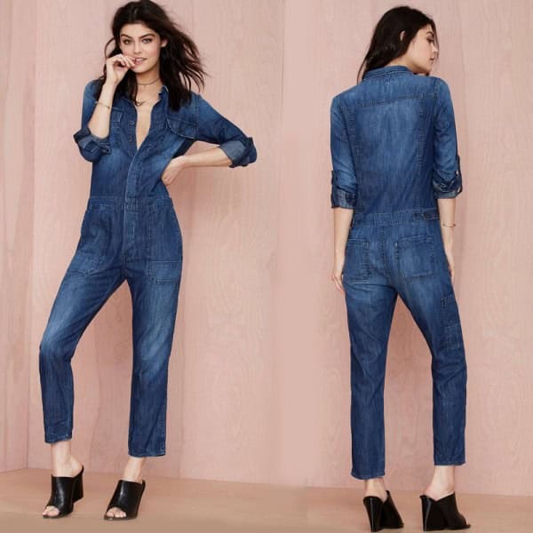 Denim Long Sleeve Jumpsuit with Black Heels