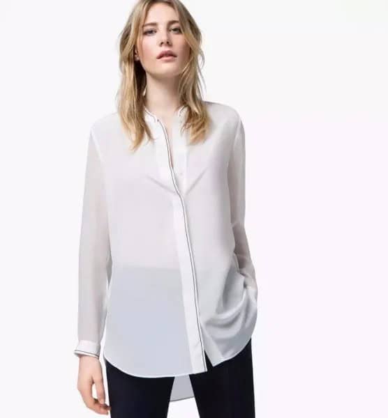 White Semi-Sheer Rayon Collarless Shirt