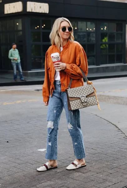 Orange Bomber Jacket with Boyfriend Jeans