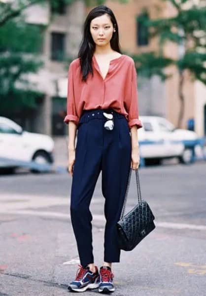 Pink Button Up Shirt with Dark Blue Cropped Pants & Navy Running Shoes