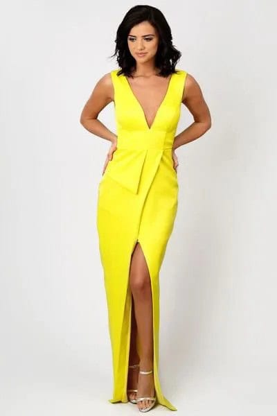 Lemon Yellow Low Cut High Split Maxi Wrap Dress