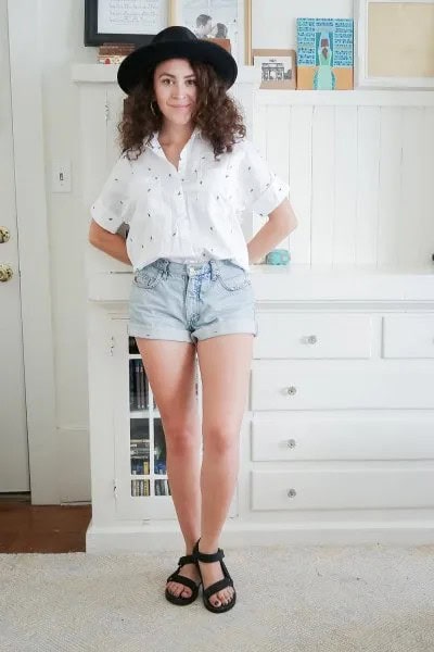 White and Pink Polka Dot Vintage Shirt with Denim Mini Shorts