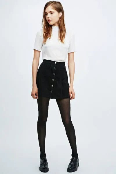 White Mock Neck Top with Black Button Front Denim Skirt