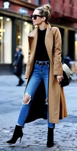 Camel Maxi Length Wool Coat with Black Top & Ripped Blue Jeans