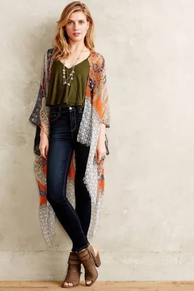 Green Cropped Spaghetti Strap Top with Silk Cape & Dark Jeans