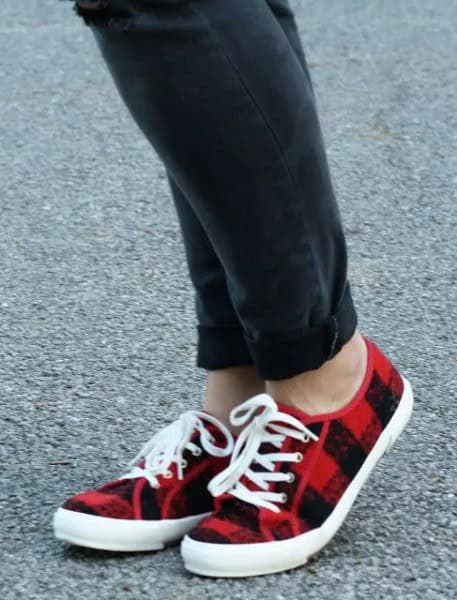 Black Cuffed Jeans with Red Plaid Lace Up Canvas Shoes