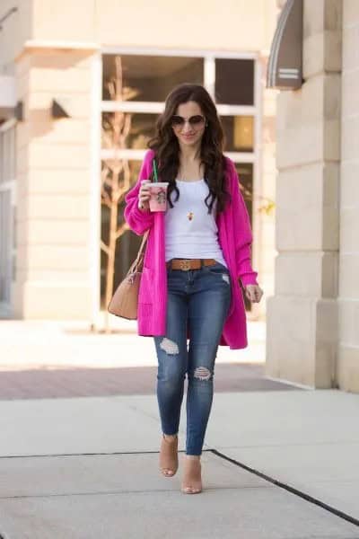 White Scoop Neck Tank Top with Hot Pink Cardigan