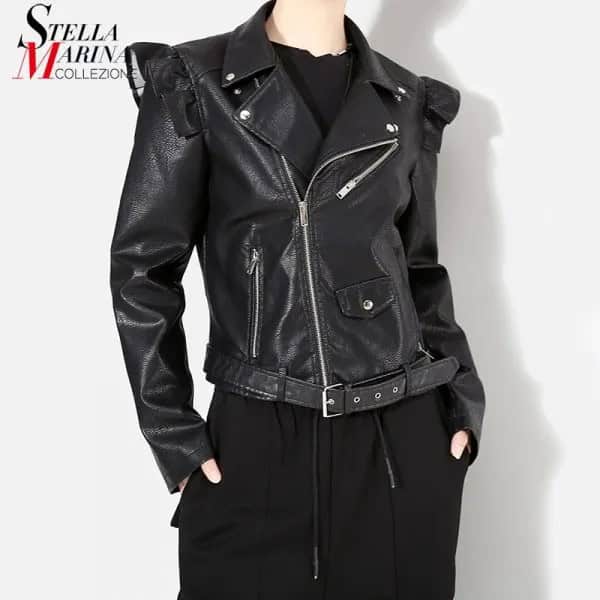 Black Punk Puff Shoulder Leather Jacket with Wide Leg Pants