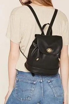 Pale Pink Ribbed Top with Black Leather Small Backpack Purse & Jeans