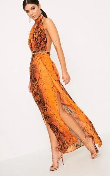 Orange and Black Halter Neck Backless Maxi Silk Dress