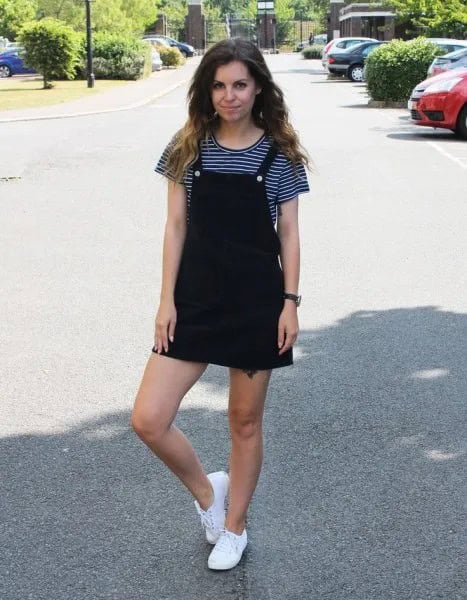 Black Pinafore Dress with Black and White Striped T Shirt