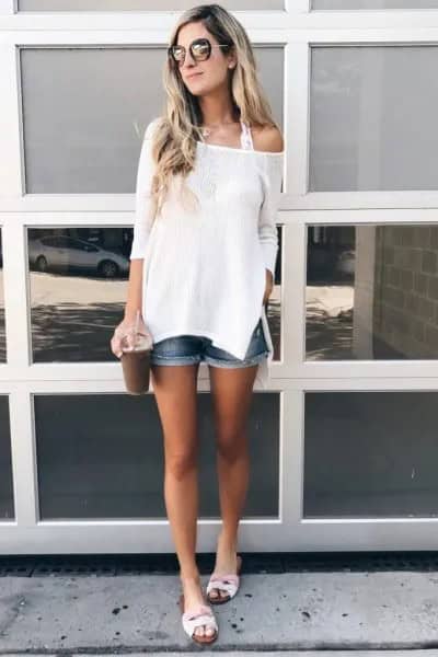 Wear with White One Shoulder Knit Sweater & Denim Shorts