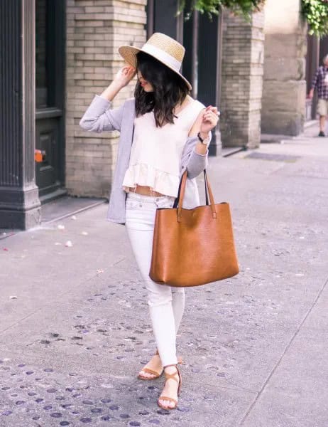 Straw Hat with Draped-Over-Shoulder Cashmere Cardigan & Crop Top